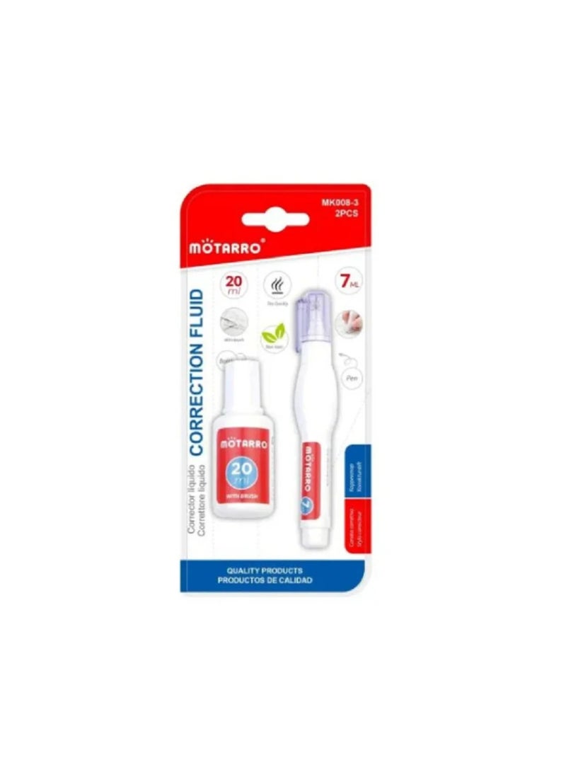 MOTARRO Correction Pen & 20ml Fluid Set MK008-3 – Quick-Dry, Smooth Coverage, 7ml + 20ml